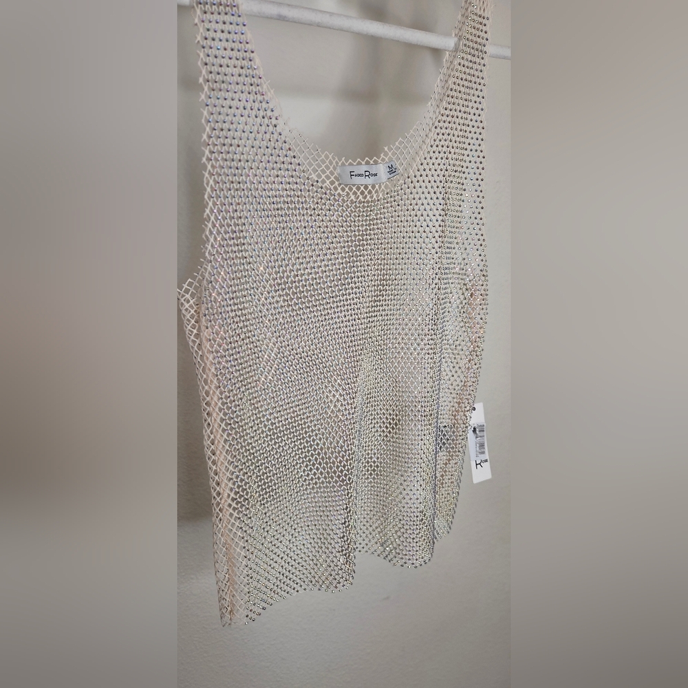 Faded Rose Mesh And Rhinestone Cream Tank Top - Size Medium - Picture 9 of 16